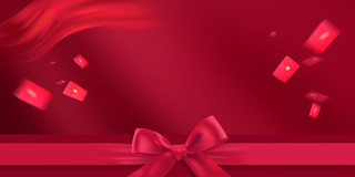 红色简约大气礼物盒蝴蝶结红绸红包水珠展板背景818购物节背景